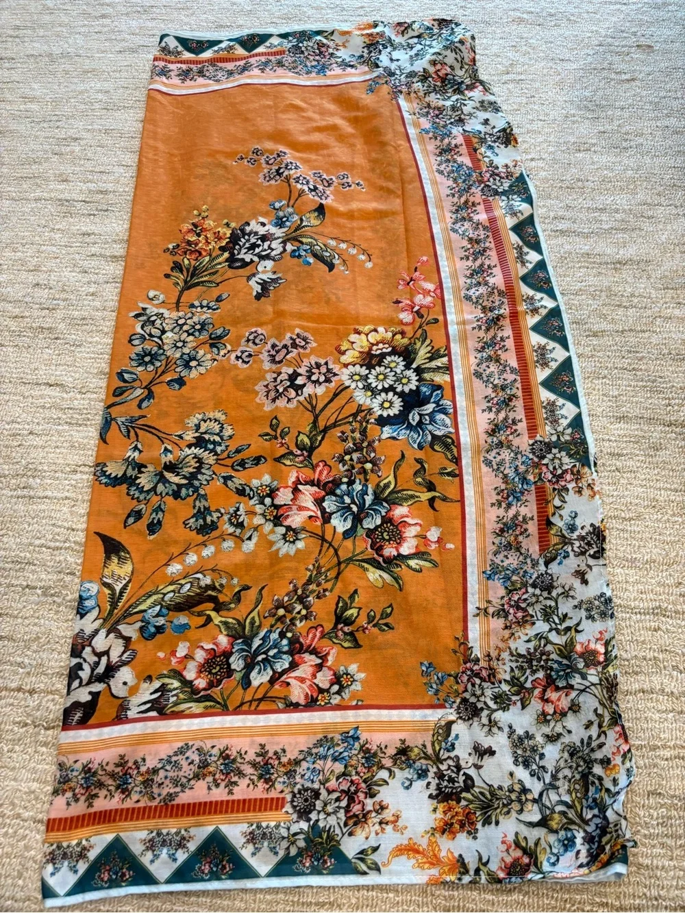 Agua Bendita Orange Floral Silk-Blend Scarf with Blue & Green Accents